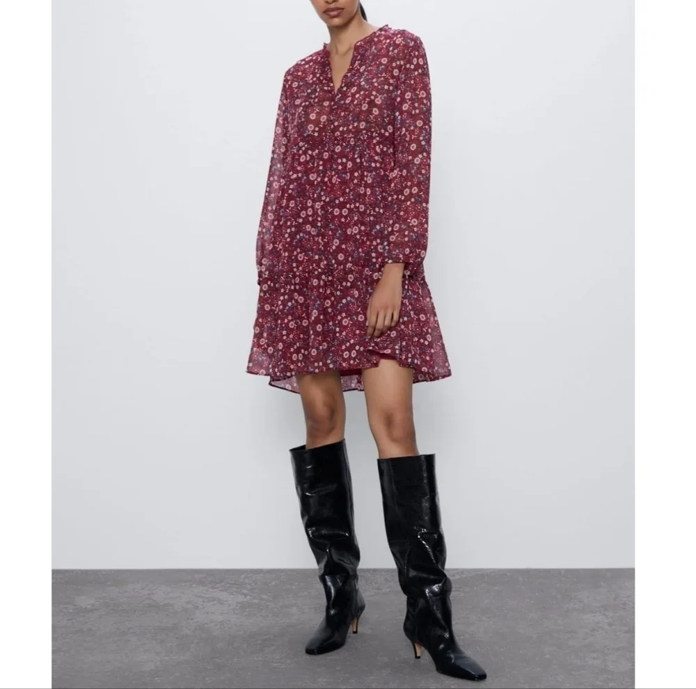 Zara Red Floral V-Neck Long Sleeve Semi Sheer Tiered Mini Babydoll Dress XL - Picture 1 of 16